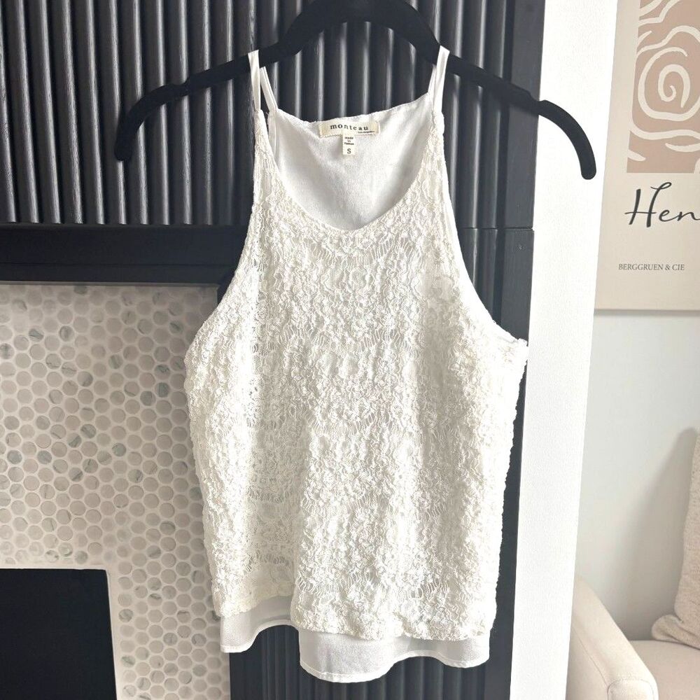 Monteau White Lace Tank Top Small Coquette Cottagecore Camisole Layered Flowy
